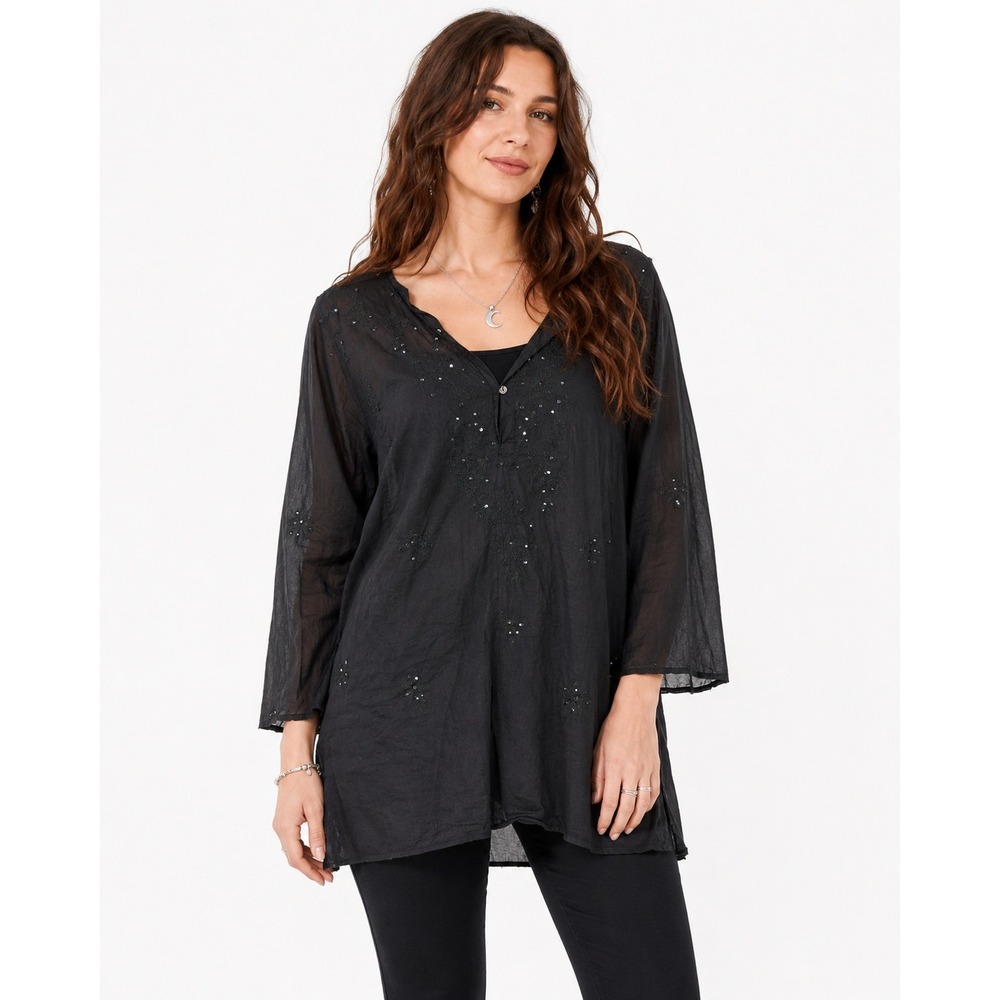 Lightweight Black Embroidered Sequin Tunic Womens XL Whimsigoth Dark Fairy Top